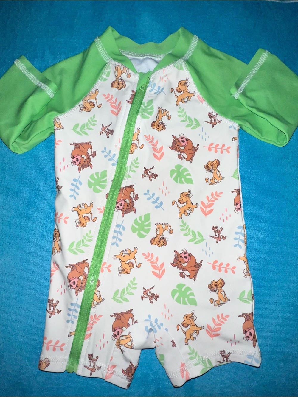 Green Short-Sleeve Kids' Swim Romper with Lion King Print